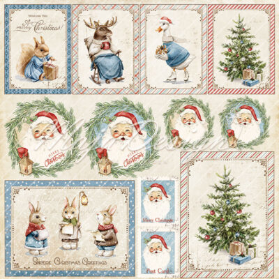 1252-Ephemera Christmas wonderland julemand juletræ gås hare