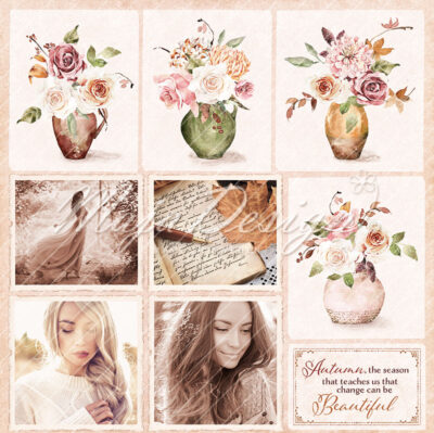 1272 Autumn Poem Cards billeder blomster grøn vase piger Maja karton
