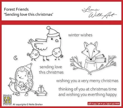 FFECS004 Nellie Snellen clearstamp Forest Friends Sending Love this christmas jul ræv pindsvin fugle nissehuer tekster