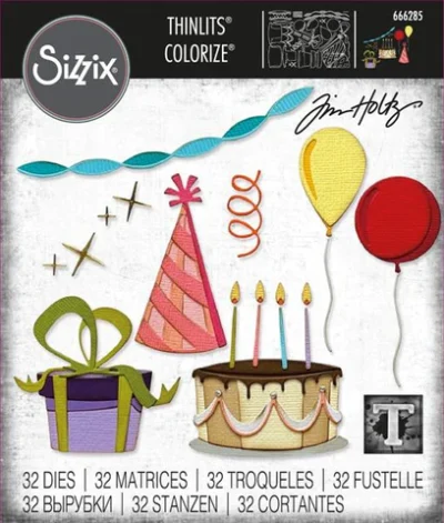 666285 Sizzix Tim Holtz die Celebrate Colorize guirlande festhat ballon kage gaver fødselsdag serpentiner stjerner lys