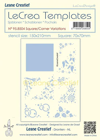95.8504 Leane Creatief stencil Square/Corner Variations firkant skruer bolte søm værktøj skruetrækker bobler blade sløjfer sommerfugle