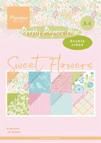 PK9183 Marianne Design paperpad Sweet Flowers karton papir blomster fugle margueritter ternet prikker
