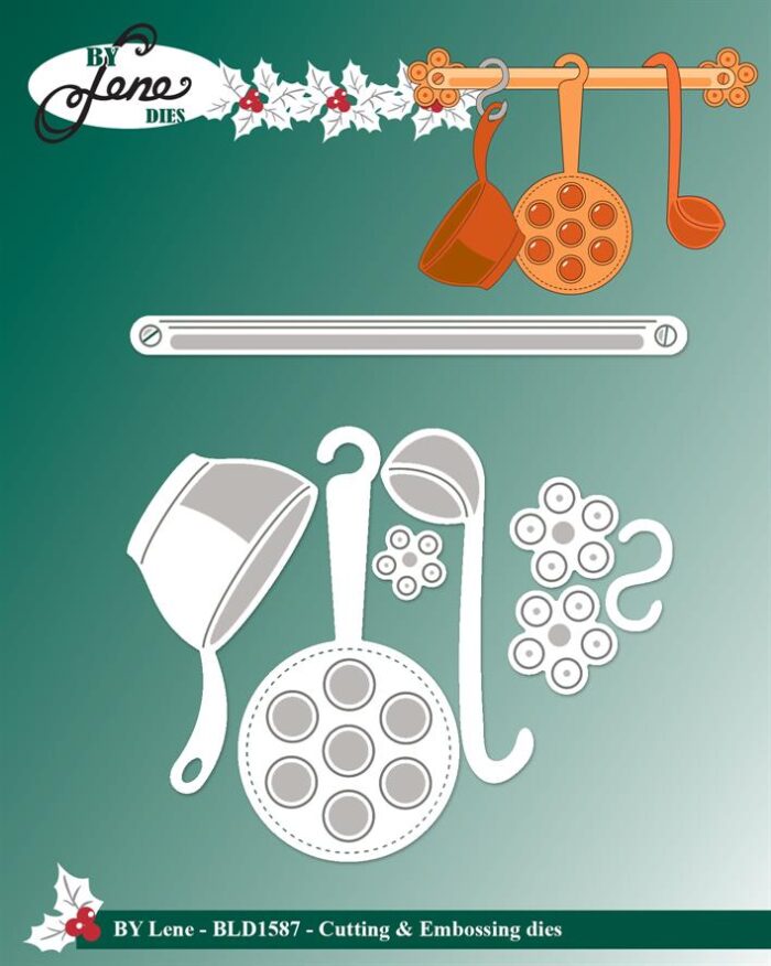 By Lene die "Vintage Kitchen Tools #3" køkkenredskaber grydeske, æbleskivepande, dørslag/kasserolle, samt stang, s-krog og ophæng.