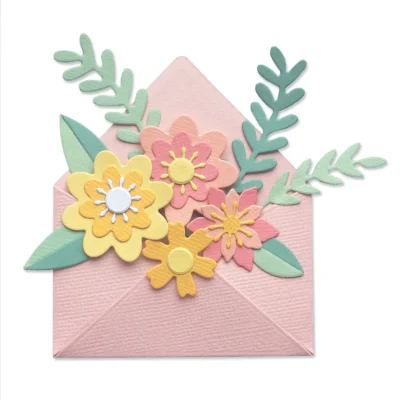 665078 Sizzix die 12 pk Flowers with Envelope by Jennifer Ogborn blomster kuvert konvolut grene