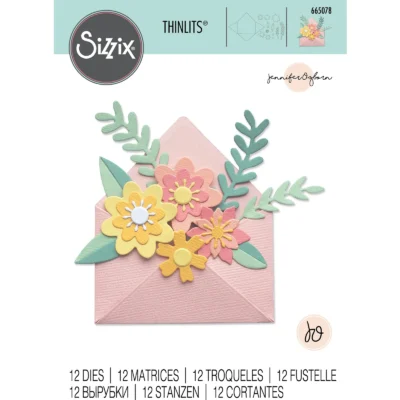 665078 Sizzix die 12 pk Flowers with Envelope by Jennifer Ogborn blomster kuvert konvolut grene