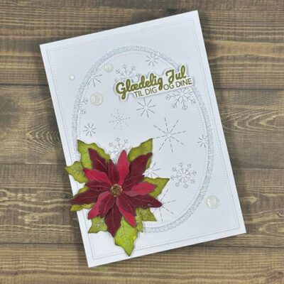 135059 Barto Design Dies Poinsettia blomst julestjerne 135057 Barto Design Dies A6 Backcover - Snowflake snefnug baggrund iskrystaller julekort