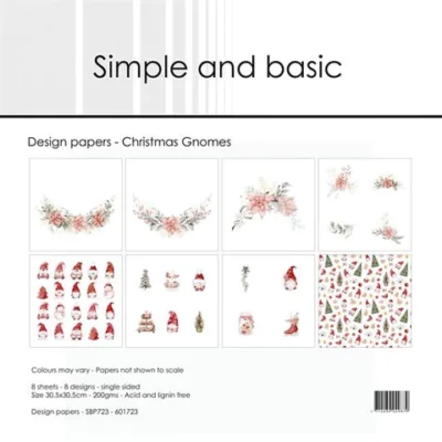 SBP723 Simple and Basic Design Papers Christmas Gnomes nisser julemænd julepapir karton kranse blomster buer juleblomster