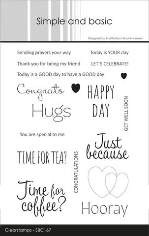 SBC167 Simple and Basic Design clear stamp English Texts stempel stempler clearstamps engelske tekster time for coffee hooray hjerter