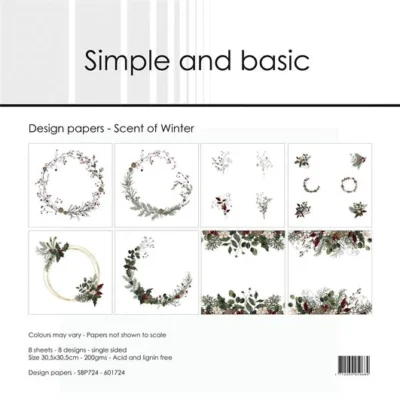 SBP724 Simple and Basic Design Papers Scent of Winter karton blok papirblok kranse julekarton julepapir gran