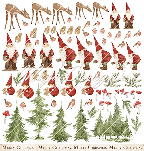 1316 Maja Design Karton Blok Woodland Christmas - 12x12'' Collection Pack karton blok julekaton nisser julestjerner poinsettia rådyr grankogler grantræer juletræer prikker striber