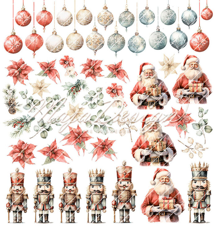 Maja Design - Christmas Nostalgia Collection pack Ephemera Bonus Santa Poinsettia Julekugler Nøddeknækkere Nutcrackers Julestjerner