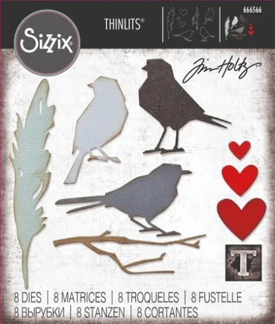 666566 Sizzix Tim Holtz die Vault - Lovebirds kærlighedsfugle hjeter fugle grene fjer