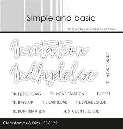SBC172 Simple and Basic Clearstamp + die Invitation dies tekster stempel stempler fødselsdag fest nonfirmation konfirmation bryllup svendegilde studentergilde barnedåb navngivning