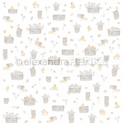 10.3328 Alexandra Renke design papir Many Buckets with Chicks spande kyllinger ællinger æg baljer blomster