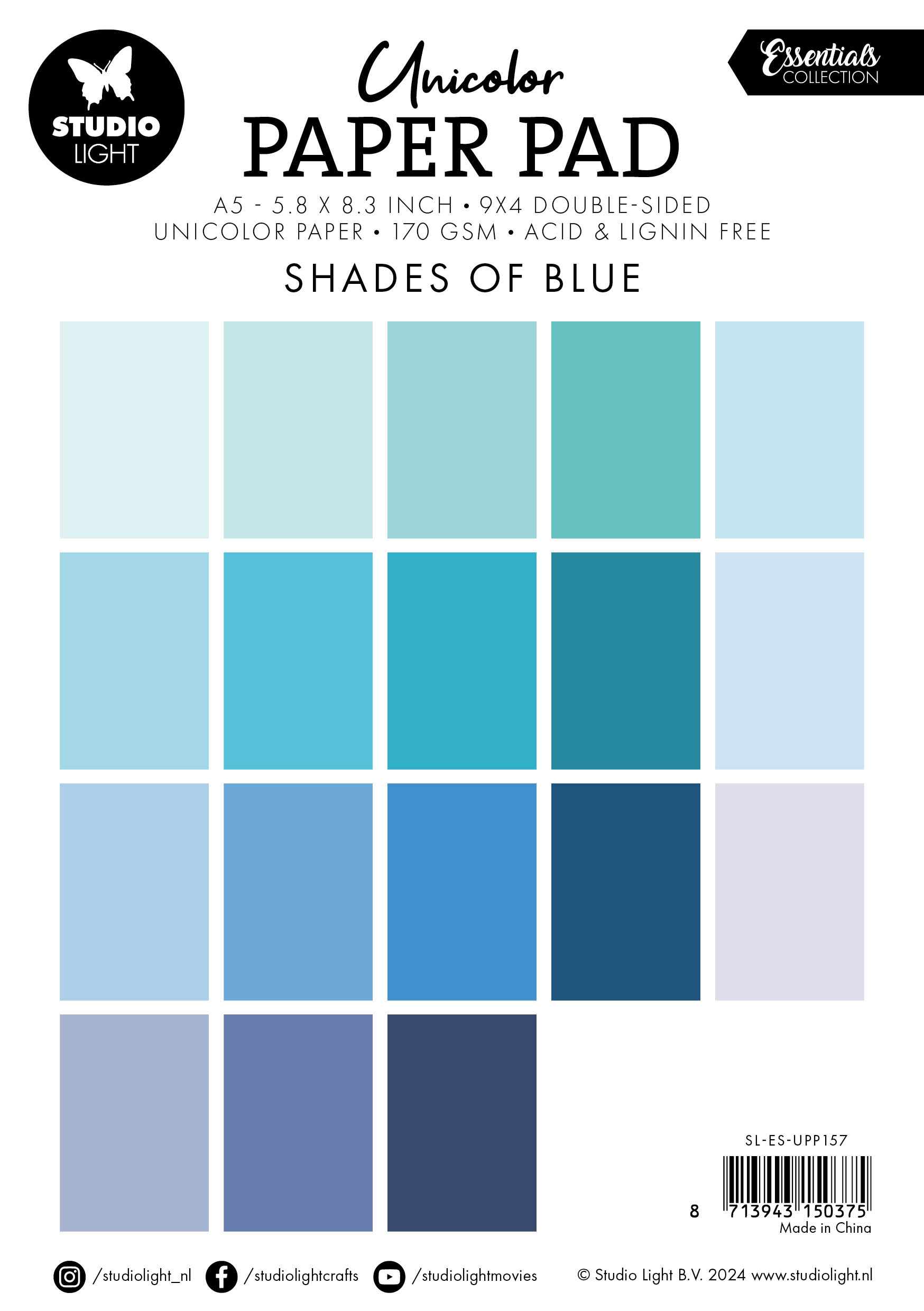 SL-ES-UPP157 Studio Light Paper Pad "Shades of Blue" karton papir blok nuancer af mørkeblå blå havblå dybblå ultramarinblå turkis aqua