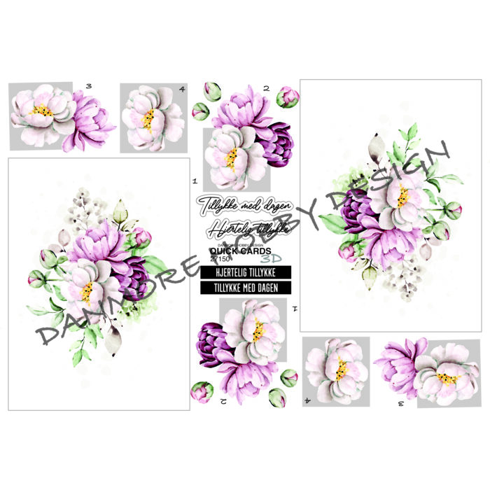 27150 Danmore Hobby 3D Ark Quick Cards Blomster Buket klippeark blomsterkort 3D ark hjerteligt tillykke med dagen tekster bonderoser