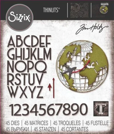 666606 Sizzix Tim Holtz die Vault World Travel jordklode alfabeter flyvemaskine come fly with me alphabet
