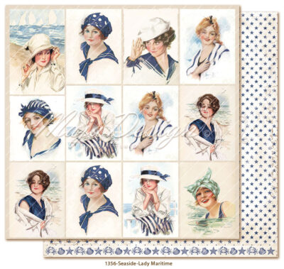 1356 Maja Design karton Seaside Lady Maritime klippeark damer kvinder matros stjerner blå hvid