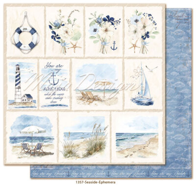 1357 Maja 1357 Maja Design karton Seaside EphemeraDesign karton Seaside Ephemera papir klippeark skibe havtema fisk buketter redningskrans sejlbåd