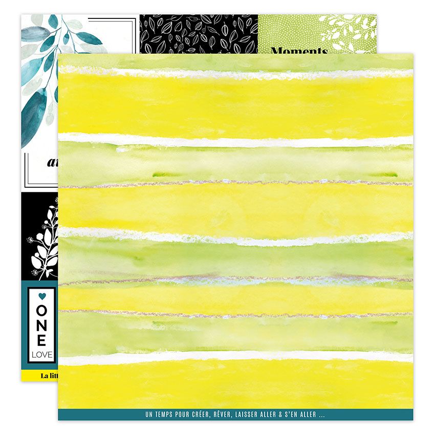 FDPI41913 Florilèges Design Imprimé Yellow 3 karton papir grønne blade gul tekster franske die-cuts baggrunde til A6 kort striber