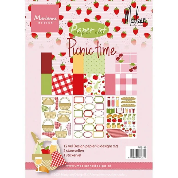 PK9189 Marianne Design paper set Picnic Time karton papir jordbær kirsebær diecuts frugter picnickurv picnictæpper labels pære drikkevarer croissant æbler