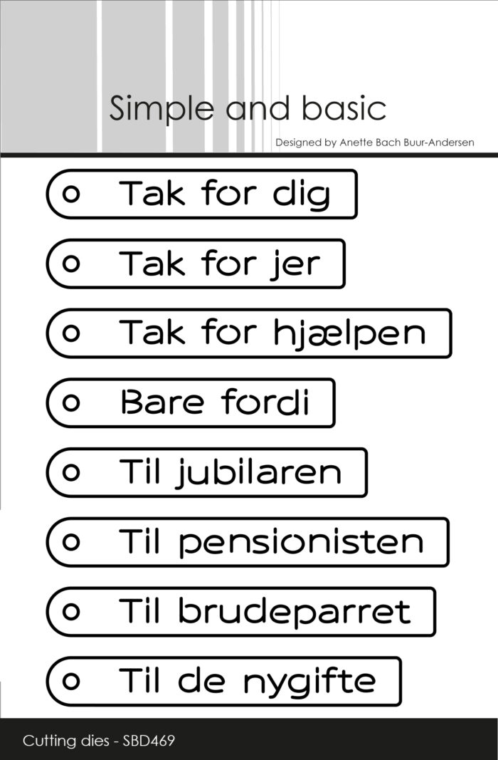 SBD469 Simple and Basic die Danish Tag Texts tags tekster dansk tak for dig tak for jer tak for hjælpen bare fordi jubilæum jubilaren pensionist otium brudeparret nygift bryllup