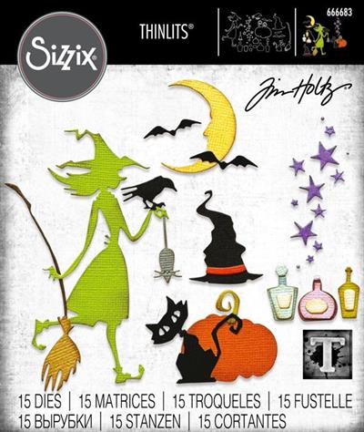 666683 Sizzix/Tim Holtz Thinlits die Vault Wicked hekse stjerner kost kat græskar potions måne flagermus elixir eliksirer