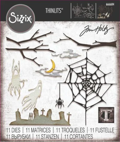 666684 Sizzix/Tim Holtz Thinlits die Vault Fright Night edderkopper edderkoppespind spøgelser graveyard gravplads grene skyer måne