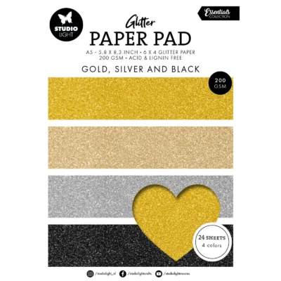 SL-ES-PP209 Studio Light Essentials Glitter Paper Gold, Silver and Black blokke glitter glimmer guld sort sølv blokke