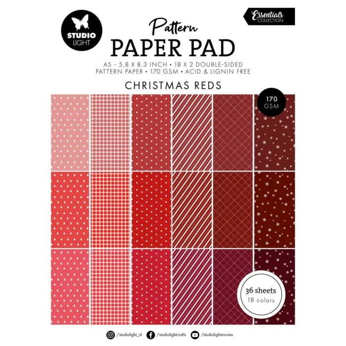 SL-ES-PPP207 Studio Light Paper Pad "Patterned - Christmas Reds" karton papir blok mønstret striber ternet prikker nuancer af mørkerød rosa Julerød Julefarver karton papir