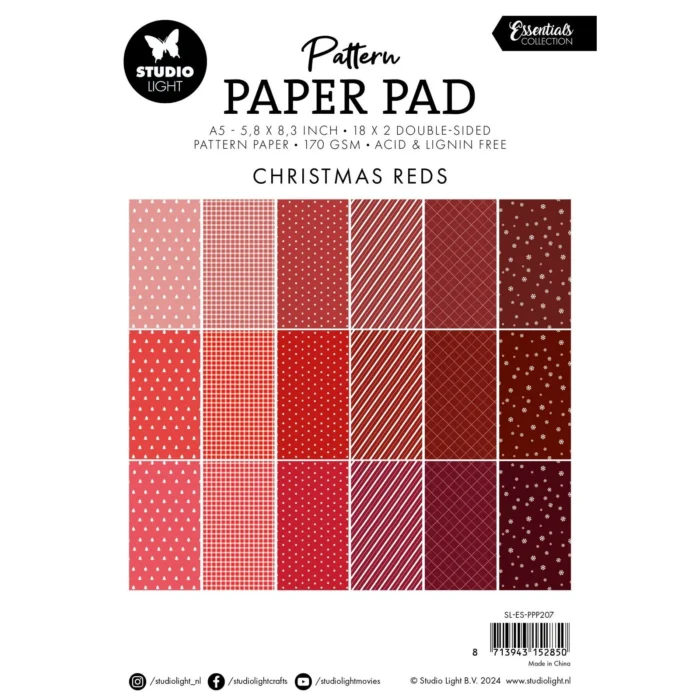 SL-ES-PPP207 Studio Light Paper Pad "Patterned - Christmas Reds" karton papir blok mønstret striber ternet prikker nuancer af mørkerød rosa Julerød Julefarver karton papir