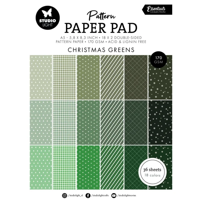 SL-ES-PPP208 Studio Light Paper Pad "Patterned - Christmas Green" karton papir blok mønstret striber ternet prikker nuancer af mørkegrøn Julegrøn Julefarver karton papir