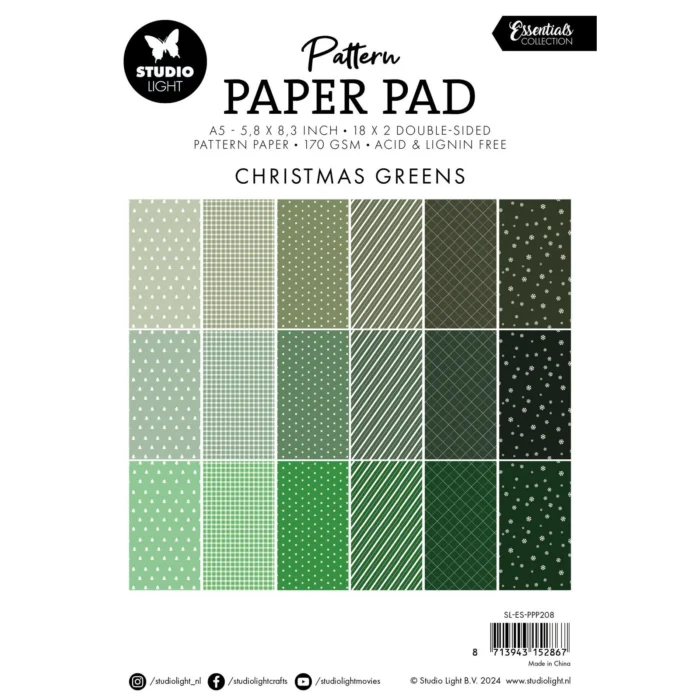 SL-ES-PPP208 Studio Light Paper Pad "Patterned - Christmas Green" karton papir blok mønstret striber ternet prikker nuancer af mørkegrøn Julegrøn Julefarver karton papir