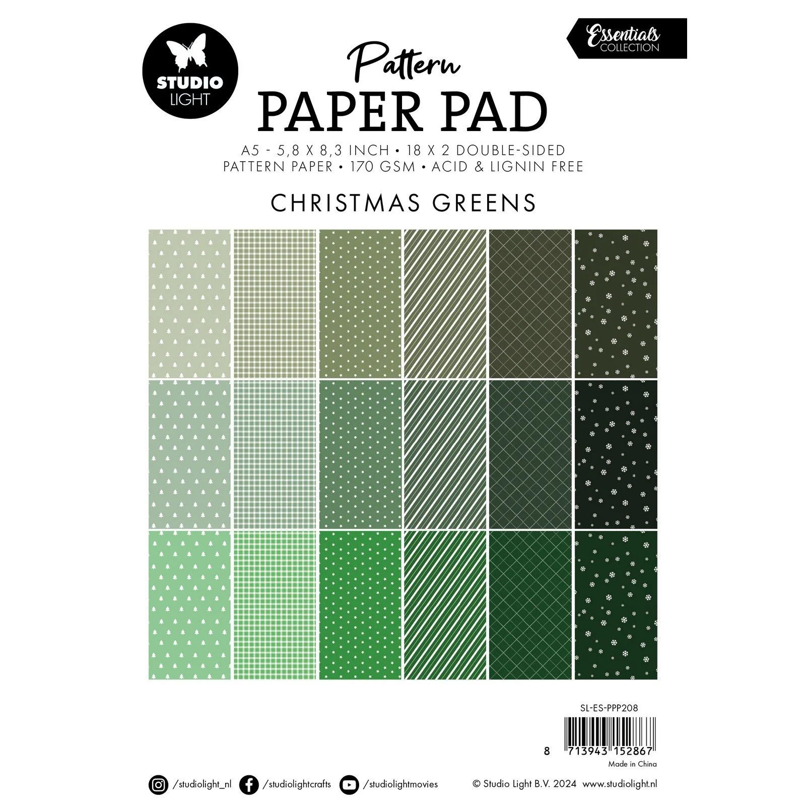 SL-ES-PPP208 Studio Light Paper Pad "Patterned - Christmas Green" karton papir blok mønstret striber ternet prikker nuancer af mørkegrøn Julegrøn Julefarver karton papir