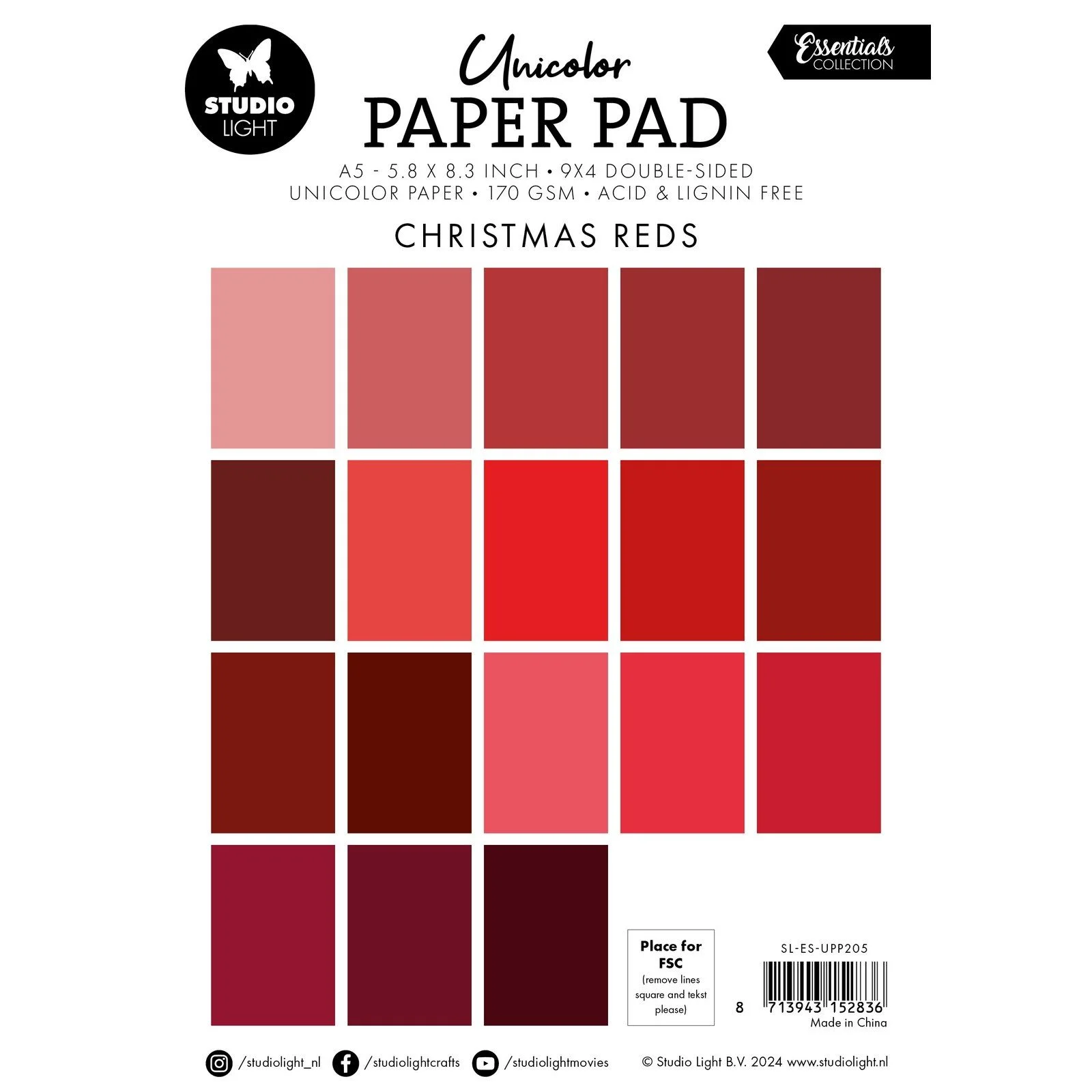 SL-ES-UPP205 Studio Light Paper Pad "Christmas Reds" karton papir blok nuancer af mørkerød rosa Julerød Julefarver karton papir