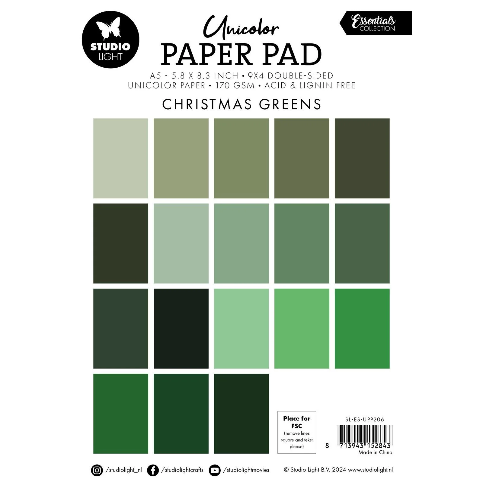 SL-ES-UPP206 Studio Light Paper Pad "Christmas Greens" karton papir blok nuancer af mørkegrønne lysegrønne Julefarver karton papir Unicolor