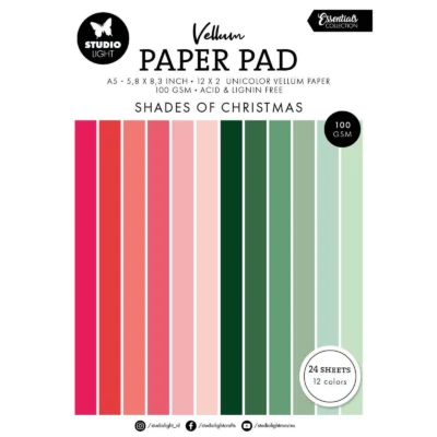 Studio Light Paper Pad "Vellum - Shades of Christmas" papir blok gennemsigtig transparent grønne røde hudfarvet lyserød lysegrøn mørkegrøn Julefarver