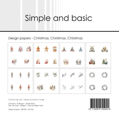 SBP536 Simple and Basic Design Papers Christmas, Christmas, Christmas karton papir julemotiver julemand kagemand juletræer kranse nøddeknækkere rystekugler bærgrene varm kakao snemand pejs