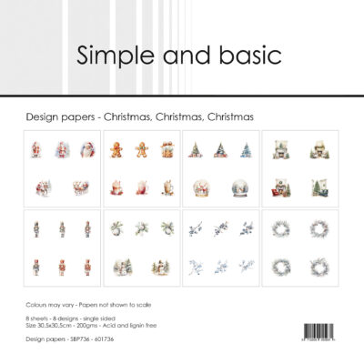 SBP736 Simple and Basic Design Papers Christmas, Christmas, Christmas eks.1 karton papir julemotiver julemand kagemand juletræer kranse nøddeknækkere rystekugler bærgrene varm kakao snemand pejs