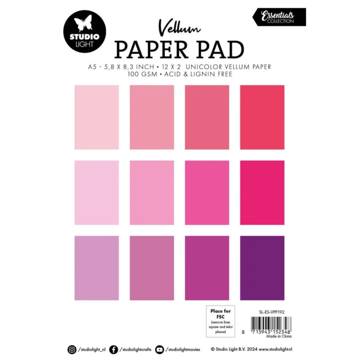 SL-ES-VPP192 Studio Light Essentials Vellum Paper Pad Shades of Pink papir blok gennemsigtigt transparent pink lyserød rosa