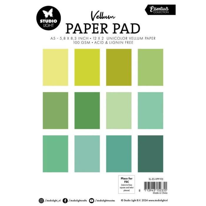 SL-ES-VPP193 Studio Light Essentials Vellum Paper Pad Shades of Green papir blok gennemsigtigt transparent grøn turkis lime lysegrøn