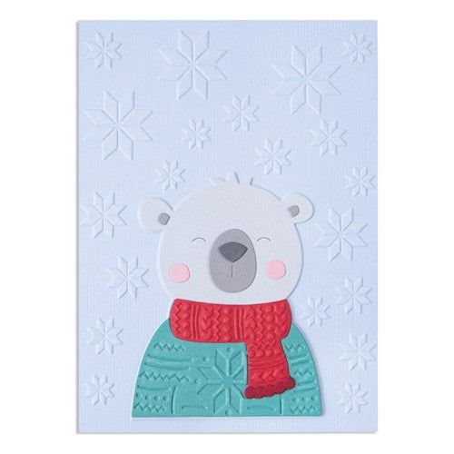 665496 Sizzix Embossing Folder + Thinlits die Cozy Bear bjørn bamse med halstørklæde skandinaviske stjerner snefnug iskrystaller