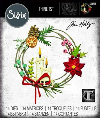 666715 Sizzix Tim Holtz Thinlits die Vault - Festive Wreath kranse julestjerne julelys grankogler appelsiner poinsettia