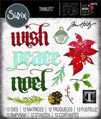 666716 Sizzix Tim Holtz Thinlits die Vault - Holiday Classic bjælder tekster grankogler julestjerne poinsettia