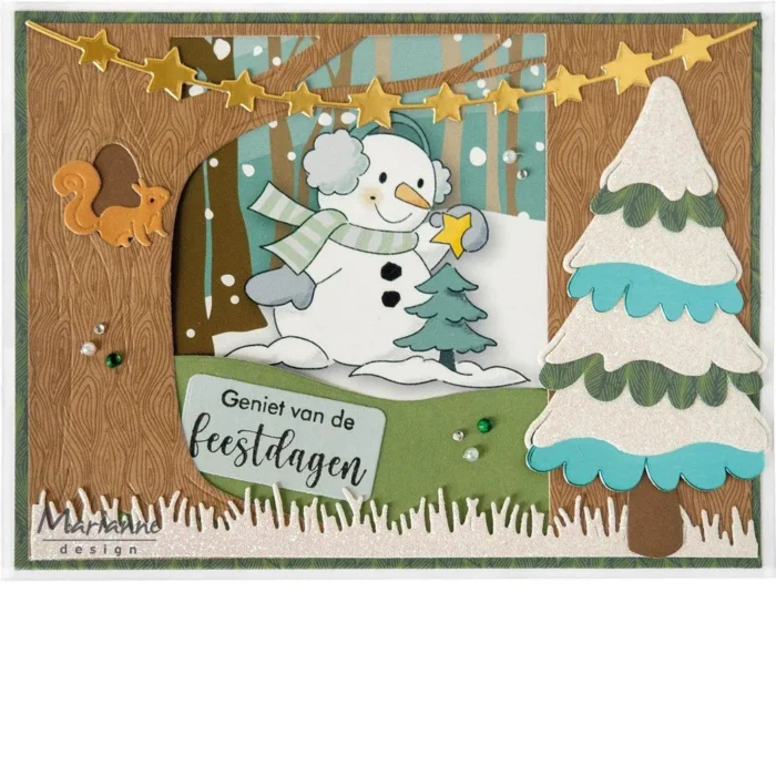 AK0095 Marianne Design Decoupage Eline's Christmas Together klippeark snemand snemænd isbjørn pingvin snelandskaber LR0876 Marianne Design die Passepartout Tree ramme scene træ skyer egern græstotter blade COL1554 Marianne Design die Snowy Tree by Marleen juletræ grantræ med sne snebeklædt