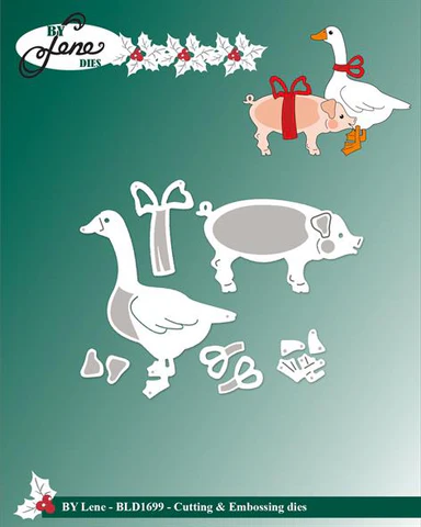 BLD1699 By Lene dies Christmas Duck & Pig julegås juleand andesteg sløjfer and gås gæs fugle fowl marcipangris