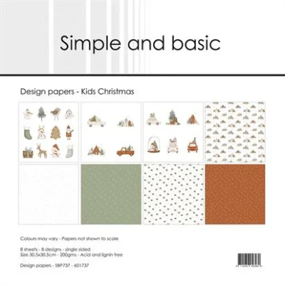 SBP737 Simple and Basic Design Papers Kids Christmas karton papir mønster julemotiver snefnug snemand snemænd biler julemand gaver prikker