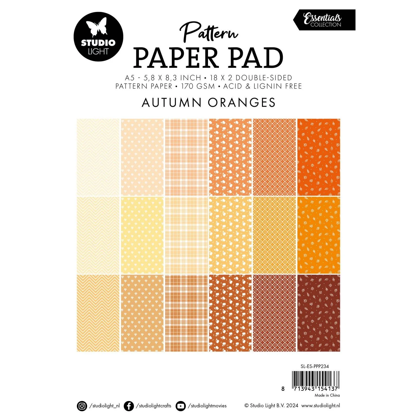 SL-ES-PPP234 Studio Light Pattern Paper Pad Autumn Oranges karton papir mønstret mønster ternet blade chevron striber blade orange halloween efterårsfarver