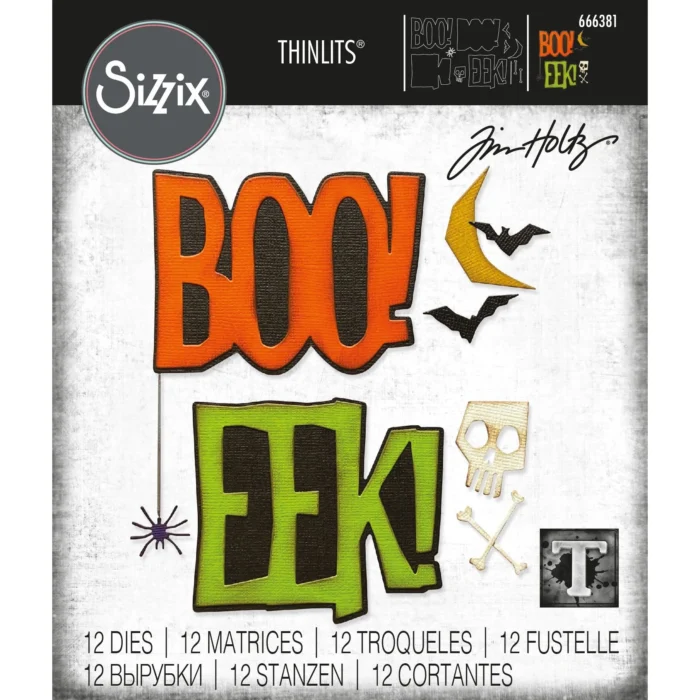 666381 Sizzix Tim Holtz die Big Frights tekster boo eek dødningehoved kranium kranie edderkop måne flagermus