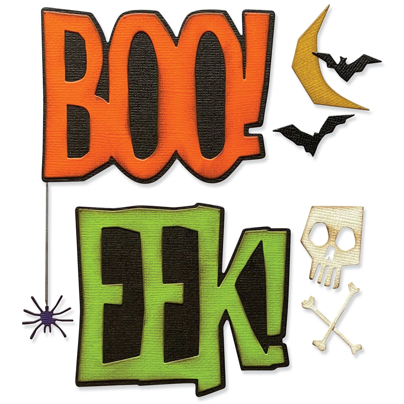 666381 Sizzix Tim Holtz die Big Frights tekster boo eek dødningehoved kranium kranie edderkop måne flagermus